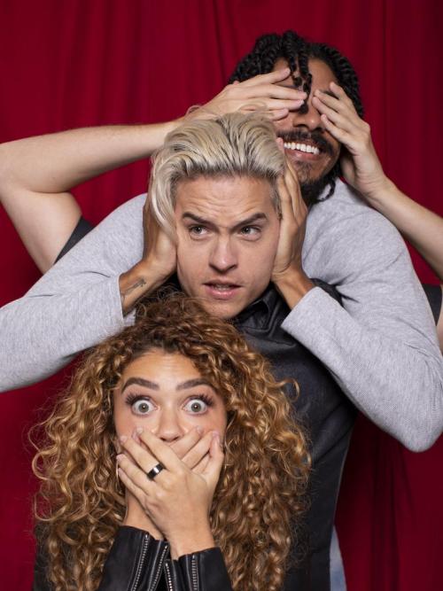 Dylan Sprouse, Keiynan Lonsdale and Sarah Hyland in promo photo for new movie My Fake Boyfriend.