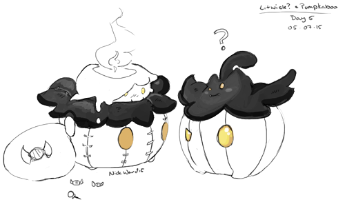 sunstrike:Day 5: One of Your Favourite Pokemon wearing a Halloween CostumePokemon: Litwick and Pumka