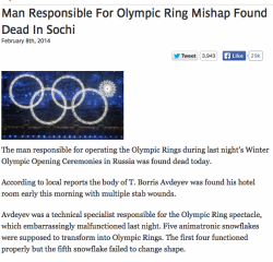 tyleroakley:  wholocked-john-out:  lumos5001:  so remember yesterday when people were joking that the guy responsible for the Olympic Ring malfunction better get his ass outta Russia, i don’t think it’s funny any more guys… [x]  You forgot the