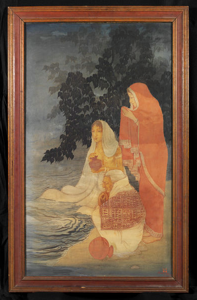 Women offering worship at the Ganges during a lunar eclipse, by Mukul Dey, painting, gouache on canv