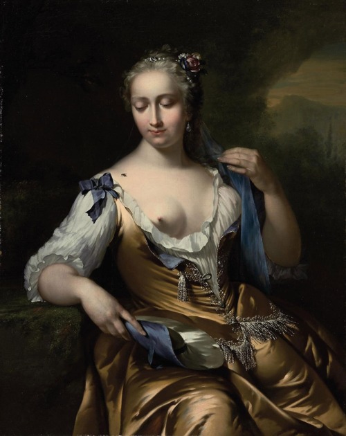 Frans van der Mijn (Flemish, 1719-1783)A Lady in a Landscape with a Fly on her Shoulder: An Allegory
