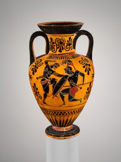 didoofcarthage:  Black-figure neck-amphora with Heracles battling an Amazon (left) and Theseus and the Minotaur with Ariadne (right), attributed to the Edinburgh PainterAttic Greece, c. 500 B.C.terracottaMetropolitan Museum of Art