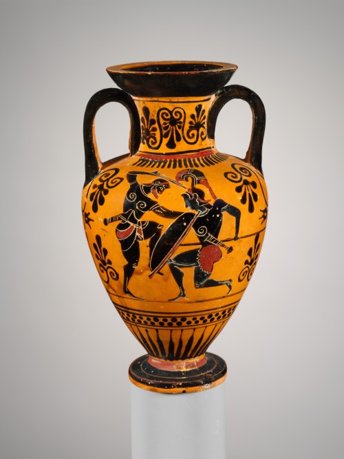 Black-figure neck-amphora with Heracles battling an Amazon (left) and Theseus and the Minotaur with 