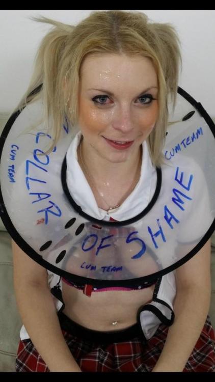 britishbukkake:  Paige Wilson covered in spunk and wearing the “Collar of shame”. What a