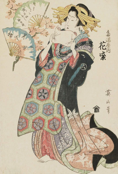 Hanamurasaki of the Tamaya.  Ukiyo-e woodblock print, About 1820, Japan, by artist Kikugawa Eizan.