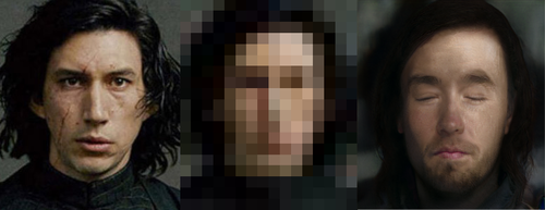 Left: Kylo Ren cropped tightly to the head. Center: Pixelated version of the picture on the left. Right: Reconstructed version looks a bit like that one photo of Jon Snow with closed eyes.