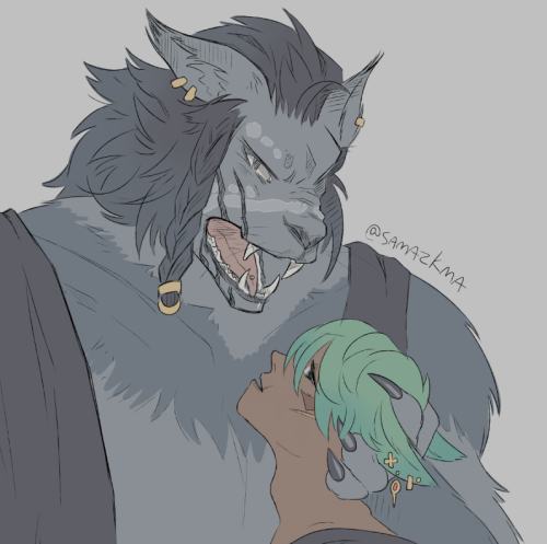  hello I fanta’d my ffxiv oc into a hrothgar… Here he is with his husband >:3c twitt