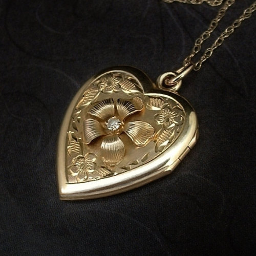 Art Deco 10K GOLD Heart DIAMOND Locket Necklace Engraved Scrolls 10K Chain SIGNED Hallmarked c.1930s