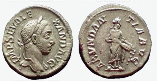 Roman coin depicting emperor Severus Alexander and Abudantia, a goddess of luck, abundance and prosp