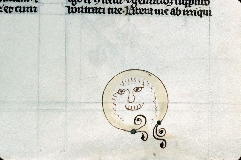 erikkwakkel:
“ Medieval smiley face
This is a true feel-good doodle, drawn by a medieval reader and found in the lower margin of a 13th-century page. The surprisingly modern-looking smiley face is wearing glasses and seems to float towards the text...