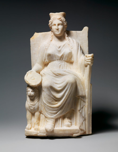 dwellerinthelibrary:The goddess Kybele, her cymbal, and her lion. This First or Second Century CE Ro