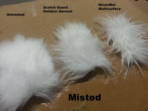 I was re-waterproofing my jacket when I get an idea. I grabbed some fur swatches I had laying around, applied the two different hydrophobic coatings that I was using, and tested the results. I did have to part the fur and brush the coatings in with an