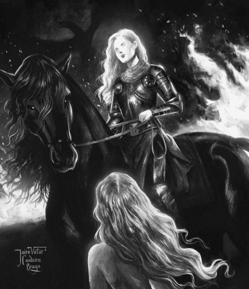 And saw her brother Rhaegar, mounted on a stallion as black as his armor. Fire glimmered red through