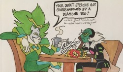 wicked-ghoul:  Solidarity between green eye gems with fluffy collars and space ships.Technically Nephrite’s debut episode was Gem Glow, but this was the first time we saw her uncorrupted so XD lolFirst time drawing both of them. Hope they come back