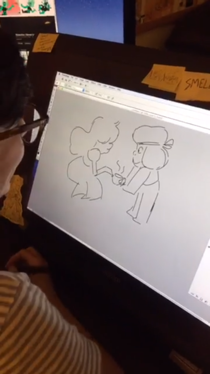 awkwardblacknerd:Drawings from Kat Morris’ livestream on Cartoon Network facebook page. I’m in love with those ones. Look at Ruby and Sapphire in dress and Steven’s poses. 
