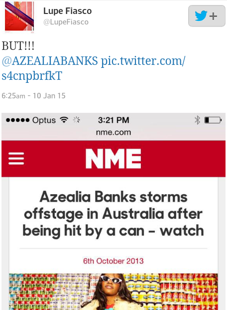 armaniblanco:  kingjaffejoffer:  tudorroses:  Lupe Fiasco clocks Azealia Banks  lmao  shut down around the fucking clock!