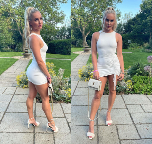 English golf star Charlie Hull in a white dress and heels