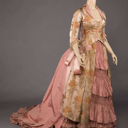 1880s gown in pink faille & brocaded oyster satin w/ poppy motif in orange & green, crystal 