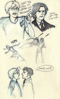 aaaand last page of this moleskine goes to sketches for that Hetalia/SPN crossover With Apologies to Nicolas Cage