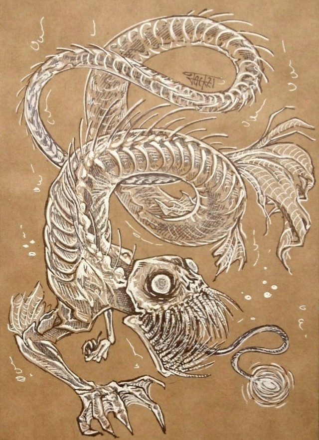 A mostly white drawing on brown paper of a pale eel-like creature. It has humanoid clawed arms, semitransparent skin, bulging eyes, anglerfish-like teeth and a lure on the end of its long tongue. 