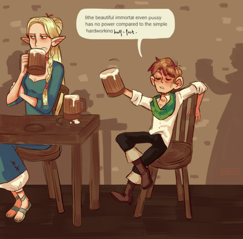 The second panel in this comic. The scene has panned a little to the left and now Marcille is visible. She's drinking her beer with a disgruntled look on her face. Chilchuck is now gesticulating with the hand that he uses to hold the beer.  He is saying: "lithe beautiful immortal elven pussy has no power compared to the simple hardworking half-foot."