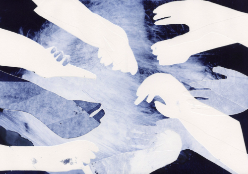 doorfus:6thlovelanguage:Charlotte Ager[Image description: Two drawings of many hands grasping at eac