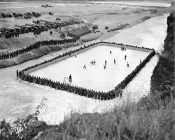 vintagesportspictures:  Royal Canadian Horse Artillery officers vs “Van Doos” officers in ice hockey during the Korean War (1952)