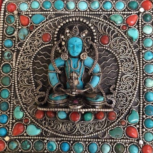 Tibetan Buddhist Aparmita Ghau Prayer Box crafted with Gem Inlay of Coral &amp; Turquoise For more d