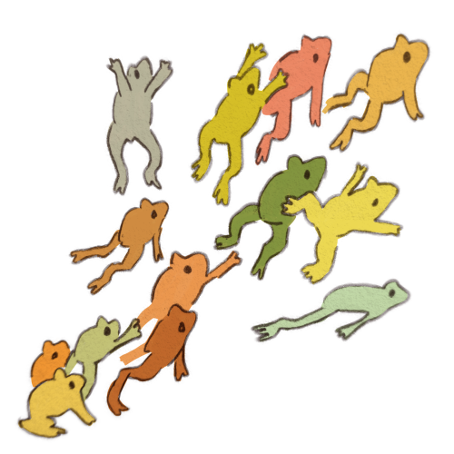 A drawing of several frogs in various states of jumping, all originating from the same spot. They are various shades of green and orange