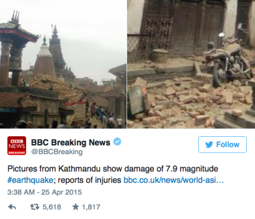 micdotcom:  20 devastating photos show the aftermath of the 7.9-magnitude earthquake that just hit Nepal At least 876 people are feared dead after a massive 7.9- magnitude earthquake shook Nepal on Saturday. The BBC reports that the quake struck the