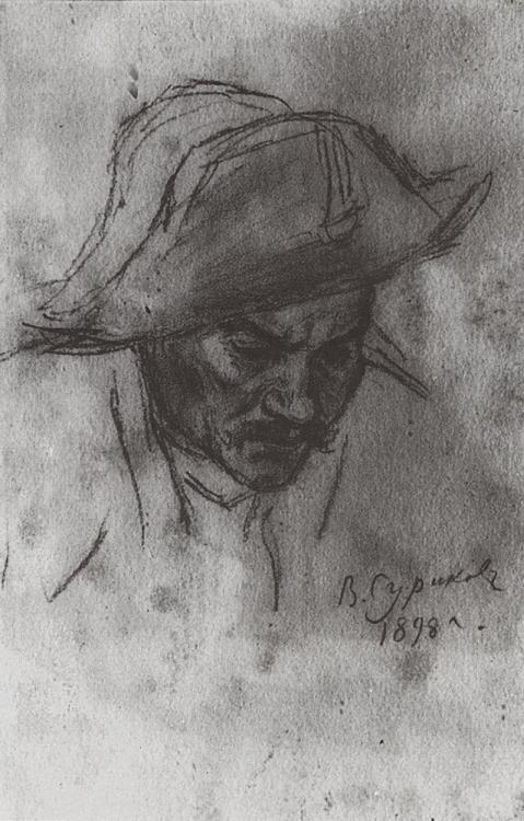 Soldier’s head in a cocked hat, 1898, Vasily SurikovMedium: charcoal,paper