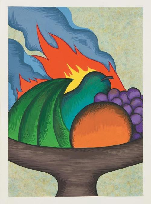 thunderstruck9:Julie Curtiss (French, b. 1982), Fruit bowl on fire, 2015. Gouache on paper, 30.8 x 2