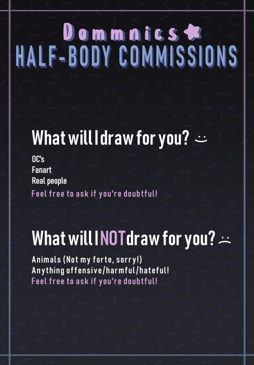 I’m opening up commissions again! Right now I’ve only got time for half-body commissions