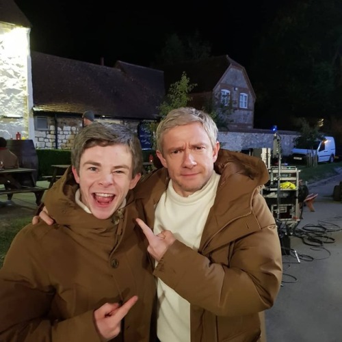 blackstarjp:Martin Freeman with  his stunt double Peter James Hallam at set of Vodafone AD &ldq