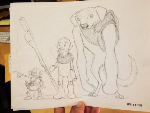 bryankonietzko:  Here it is, the original of the first drawing I did in what would become the Avatar universe, featuring cyclops robot monkey Momo, sci-fi Aang, and bipedal Naga. They all had arrows on their heads. I didn’t know who any of them were,