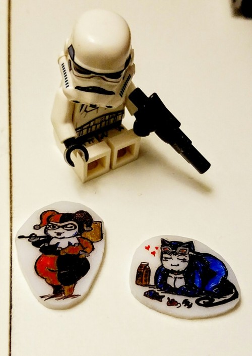 Tiny chibi Harley Quinn and Catwoman Shrinkie Dinks! (LEGO Stormtrooper for scale)