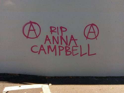 Memorial graffiti for Anna Campbell, a British anarchist who was killed by a Turkish airstrike on Ma