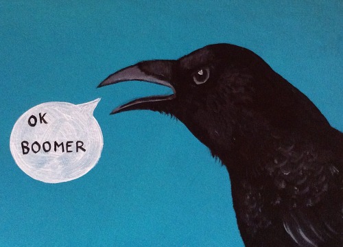 Ok boomer crow, acrylic painting on cardboard