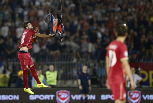 Stefan Mitrovic of Serbia grabs an Albanian flag that was flown over the pitch during their Euro 201