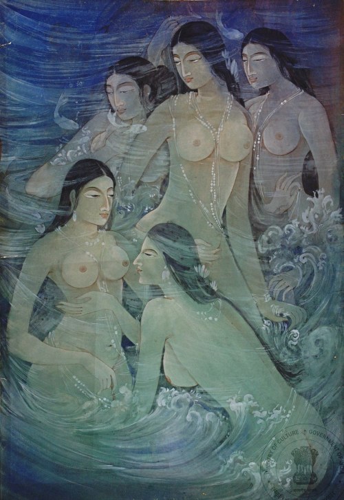 Women in River Artist: Ram Gopal Vijayvargiya (1905 – 2003) Bengal school of art. Water Colour on Pa