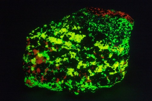 Esperite (yellow), willemite (green) and calcite (red) from Franklin, New Jersey shown under short w