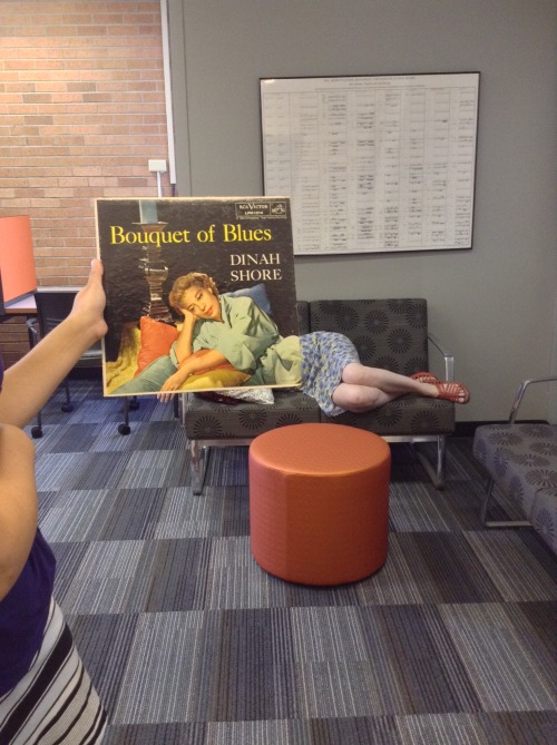librarysleevefacing:  Dinah Shore might be feeling the blues, but after lounging for a while in the Music Library, she’ll surely feel better. 