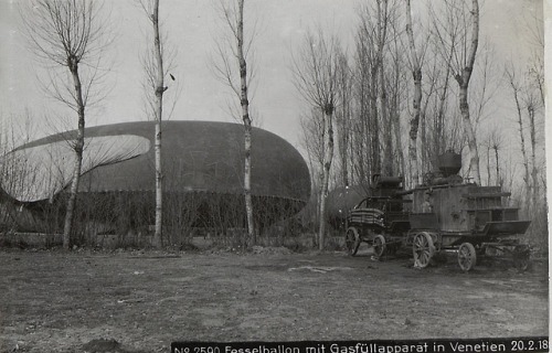 thisdayinwwi:Balloon with gas filling apparatus in Veneto Feb 20 1918 Fesselballon mit Gasfüllappara