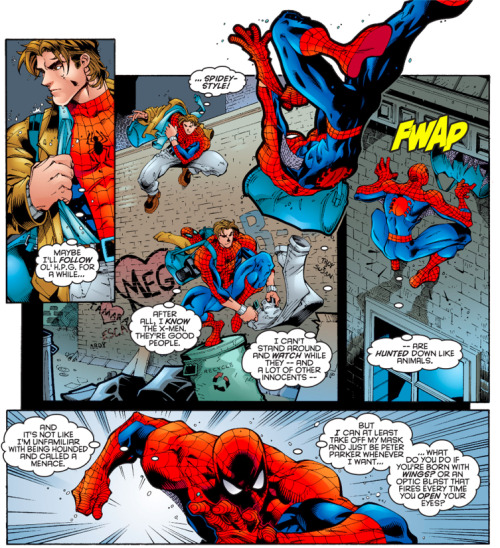 Spidey’s on the side of the mutantsUncanny X-Men #346, August 1997Writer: Scott Lobdell. Pencilers: 