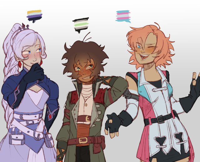 i wanted to draw everyone but,,that would take me 8 billion years. so! have some trans head canons, the rwby cast says to...