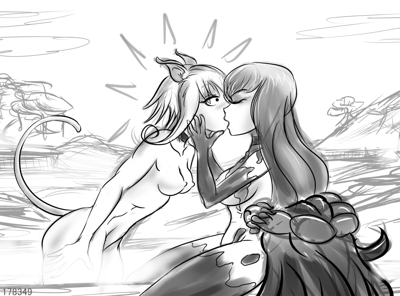 Another sketch commission! This time Gazer-chan is stealing a kiss from a cat girl.Hope