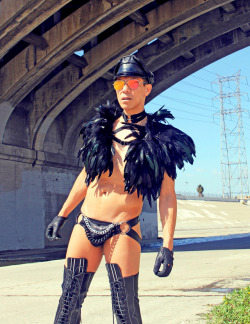 markarteaga:  Page 23 “Category is….Leather, Feathers and the Derrière” 665 leather biker cap, sunglasses from The Grove’s Los Angeles Shades, Laveder Faye feather capelet, Mad Elephant Shop harness, John W. Nordstrom leather gloves, Gregg Homme