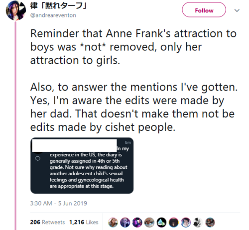 kamorth:queenofthefaces:luanna801: gahdamnpunk: I’m just now finding out Anne Frank was bi??? 