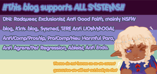 ID: A banner of the plural flag, which has five horizontal stripes, in dark purple, muted light purple, light indigo, light green and pastel yellow. In the bottom right corner, there's art of a person with dark medium tone skin, blue eyes, curly, blonde hair and pointy ears, looking angry. The text around the banner reads: "!!This blog supports all systems!! DNI: Radqueer, exclusionist, anti good faith, mainly NSFW blog, kink blog, sysmed, TERF, anti LIOM/MOGAI, anti/comp/proship, pro/comp/neu harmful para, anti agere/pet regression, ableist, anti endo. Please do not harass us as we cannot guarantee we will not act badly to that". /End ID
