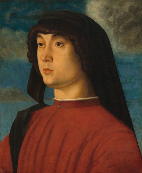 history-of-fashion: ab. 1480 Giovanni Bellini - Portrait of a Young Man in Red  